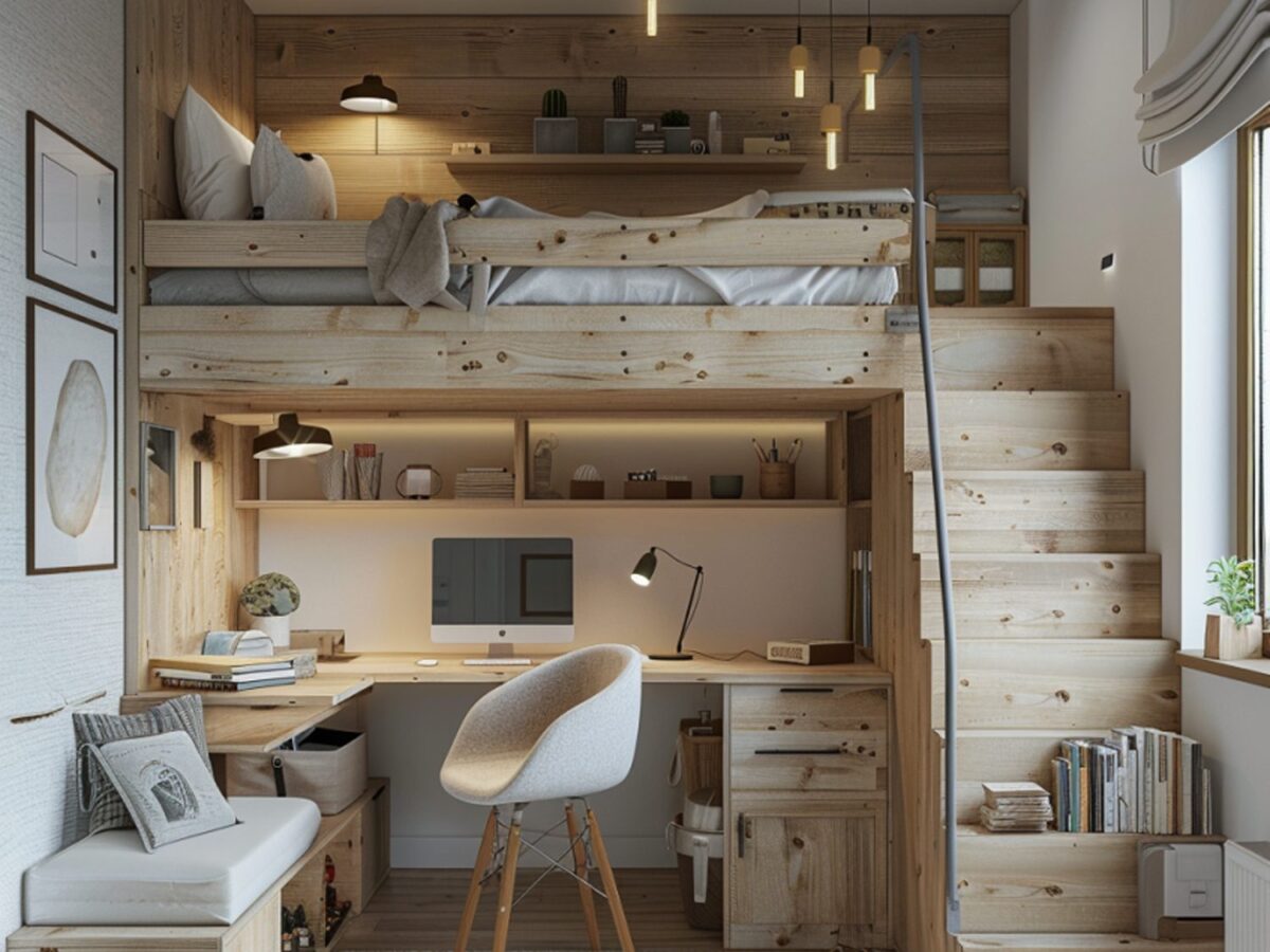 Piętrowe łóżko drewniane z biurkiem i schodkami w pokoju dziecięcym