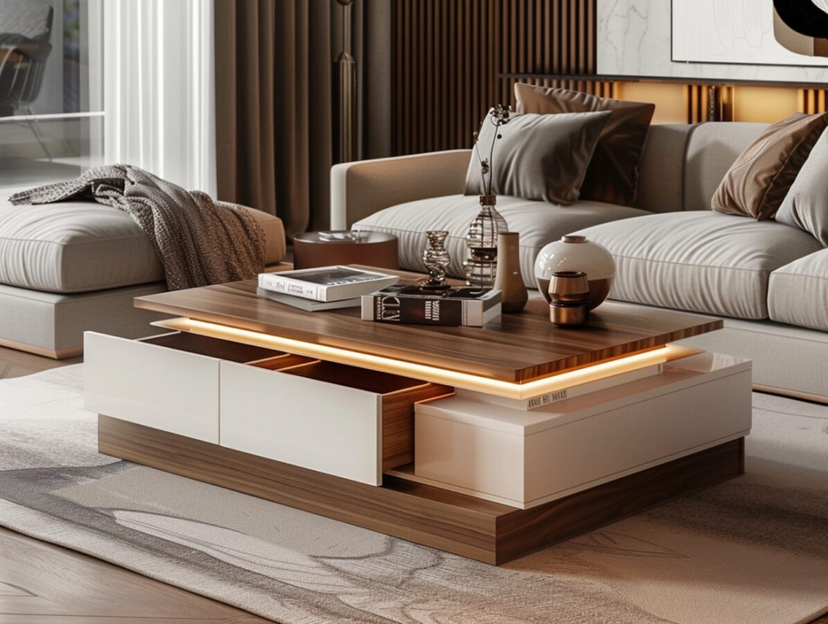 Narożna sofa z funkcją spania i stolikiem z podświetleniem LED