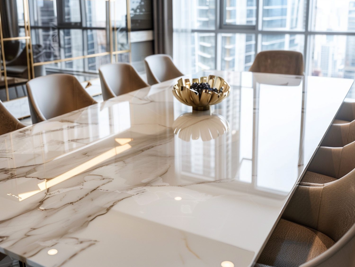 Błyszczący stół jadalniany z marmuru i nowoczesne krzesła