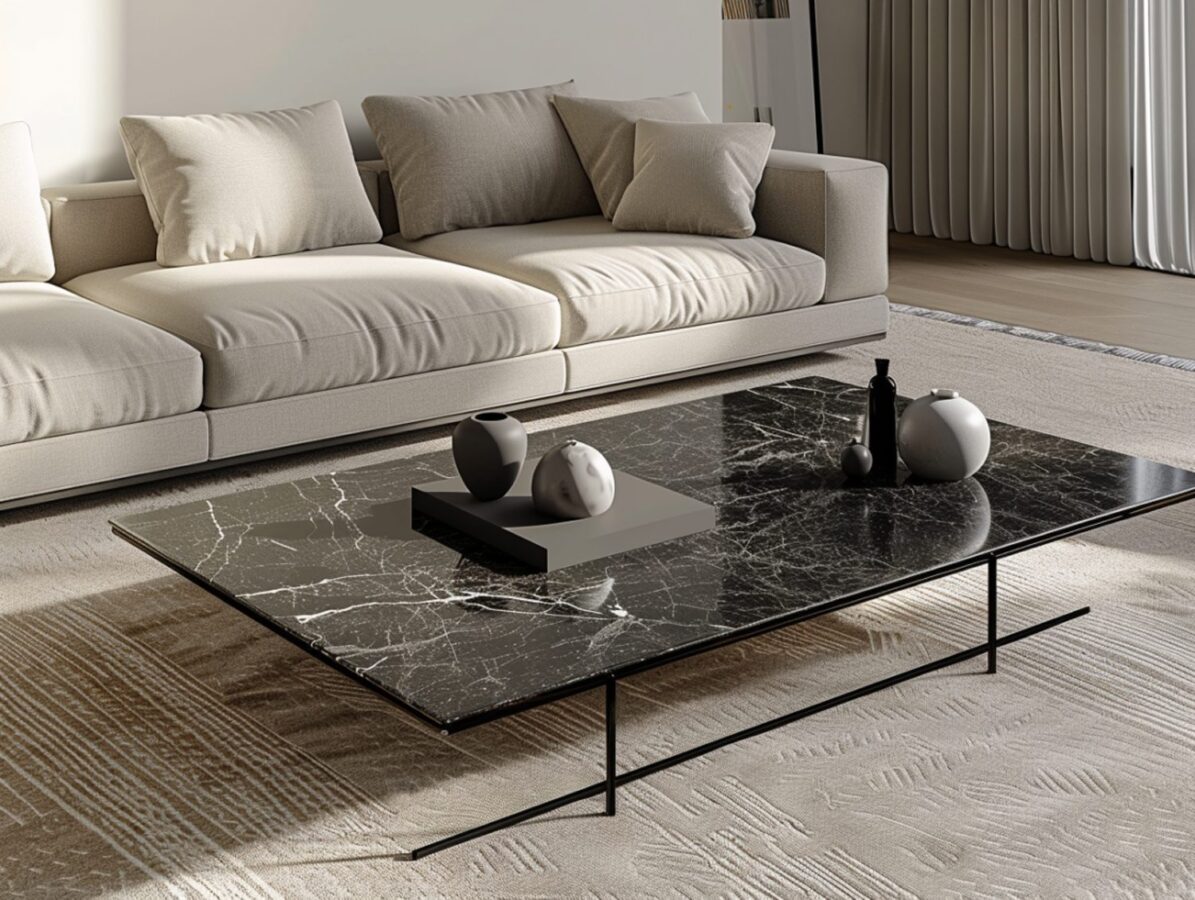 Sofa beżowa i stolik z czarnym blatem w minimalistycznym salonie