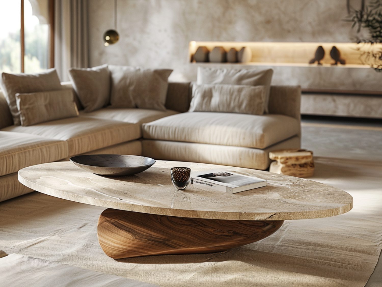 Narożna sofa z poduszkami i oświetleniem LED w nowoczesnym salonie