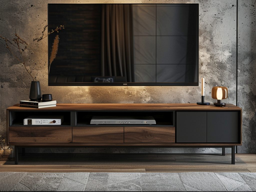 Zabudowa RTV z oświetleniem LED i niską szafką w stylu loftowym