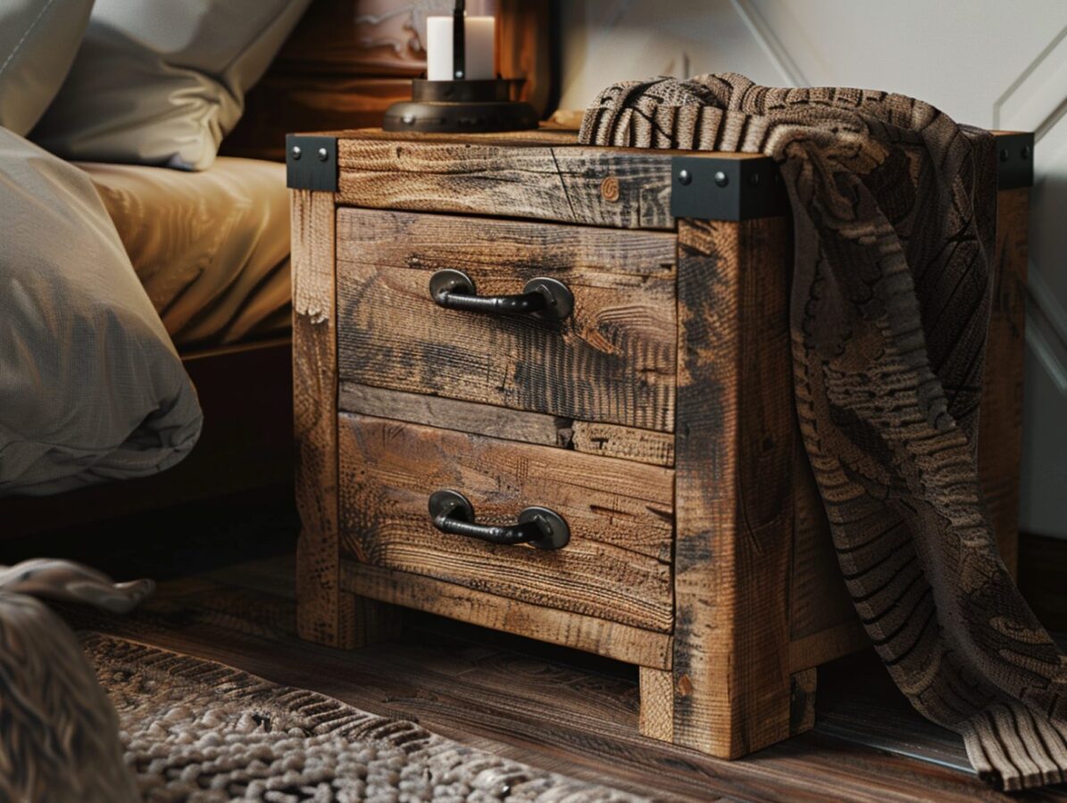 Komoda z postarzanego drewna i czarnymi uchwytami loftowa