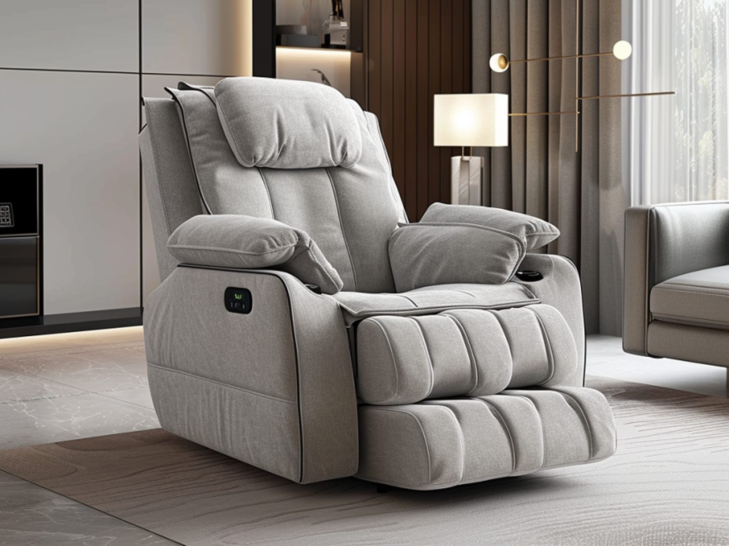 Fotel relaksacyjny tapicerowany szary w nowoczesnym salonie