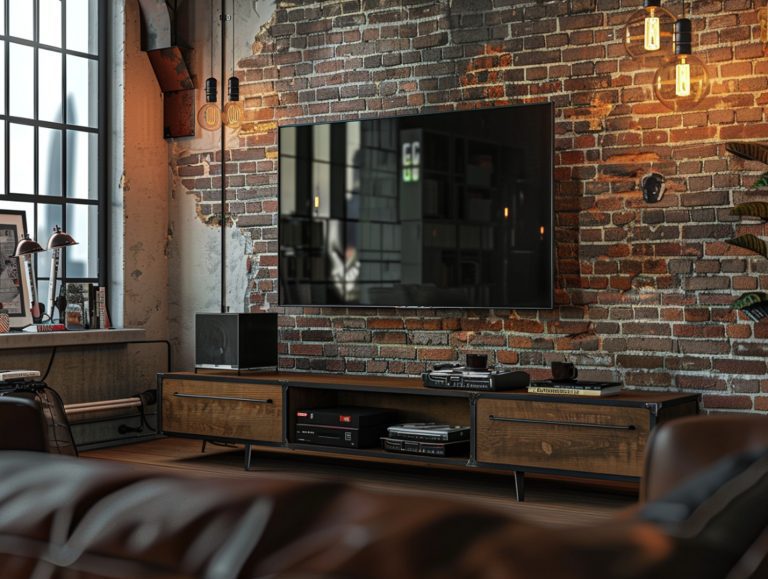 Industrialny salon z czerwoną cegłą i dużym telewizorem
