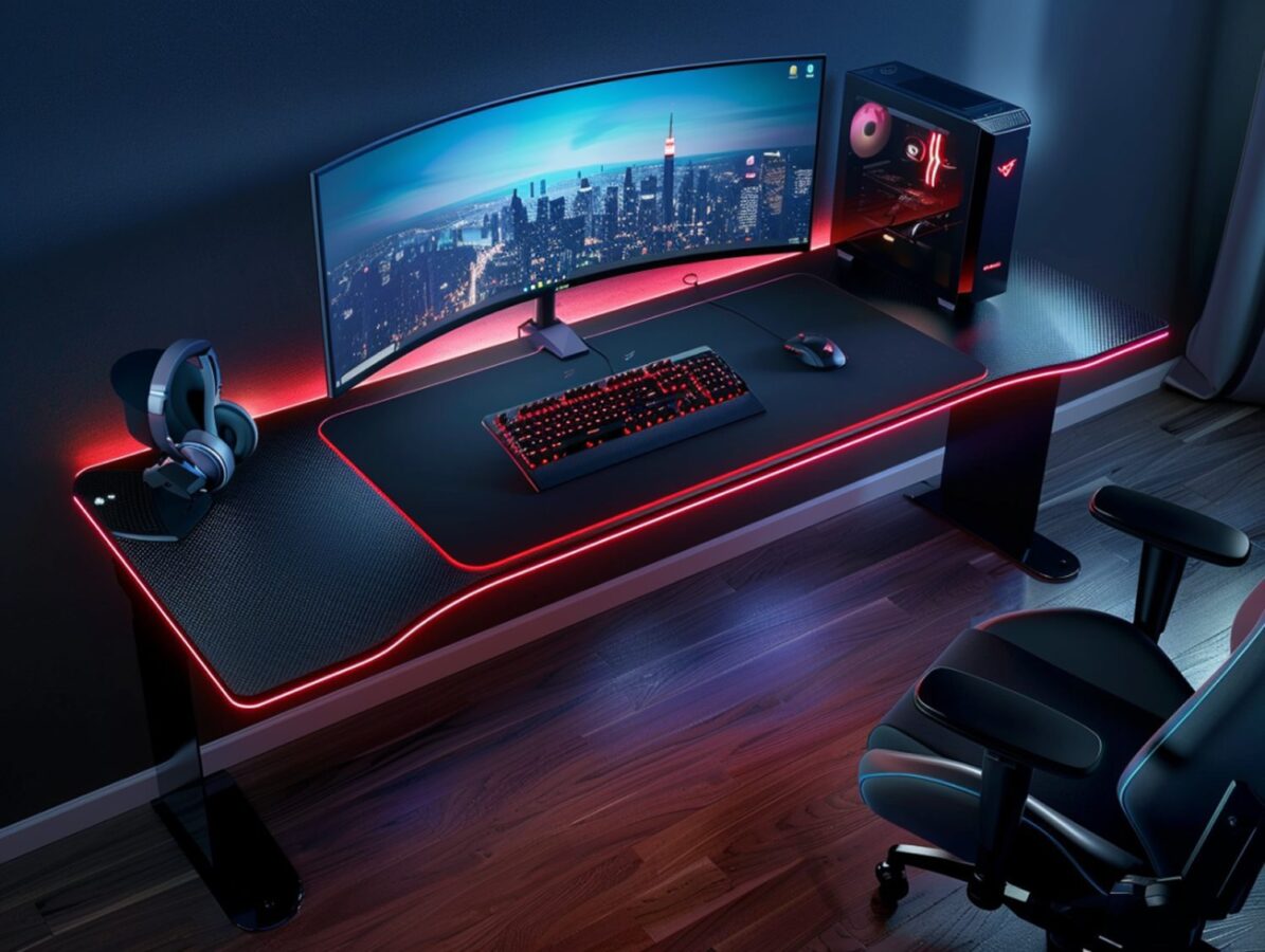 Biurko gamingowe z oświetleniem LED i podwójnym monitorem