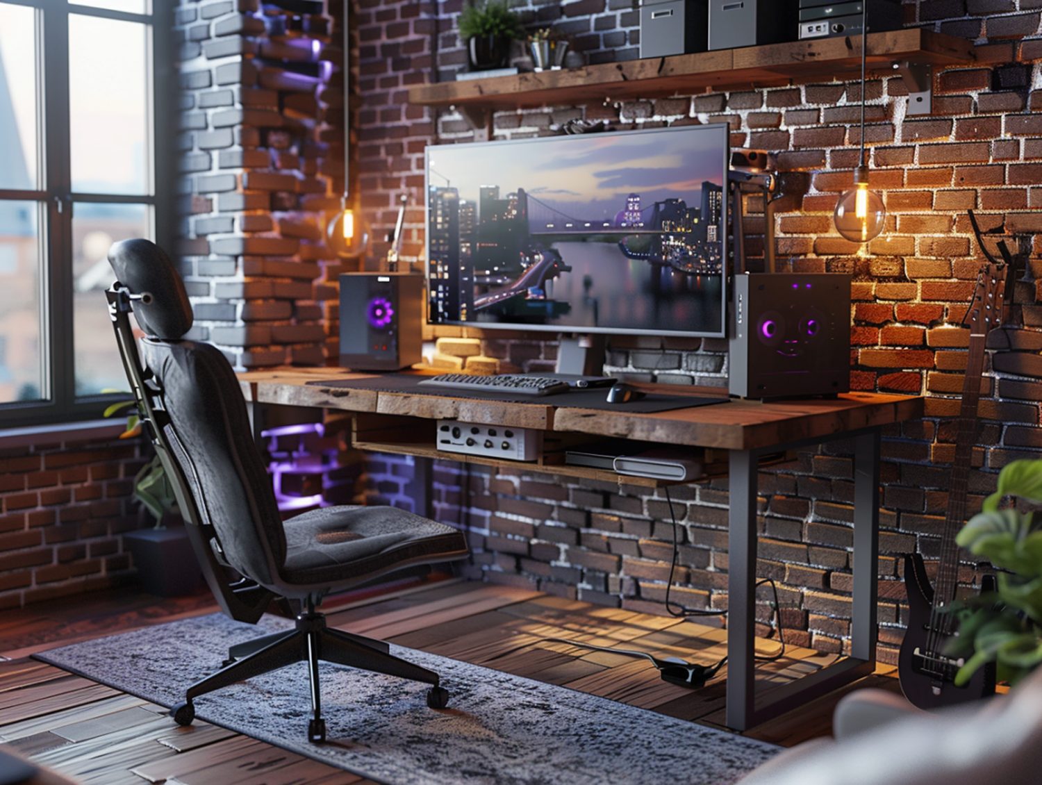 Biurko gamingowe z podświetleniem LED w industrialnym pokoju gracza