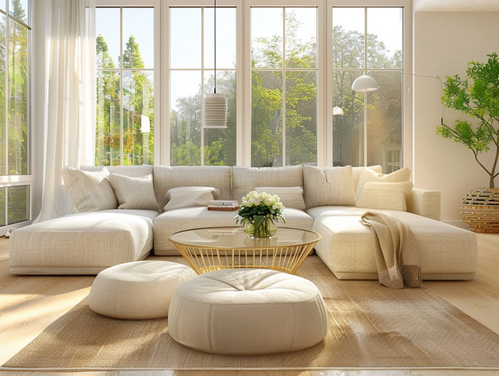 Jasny narożnik modułowy w przestronnym salonie z dużymi oknami