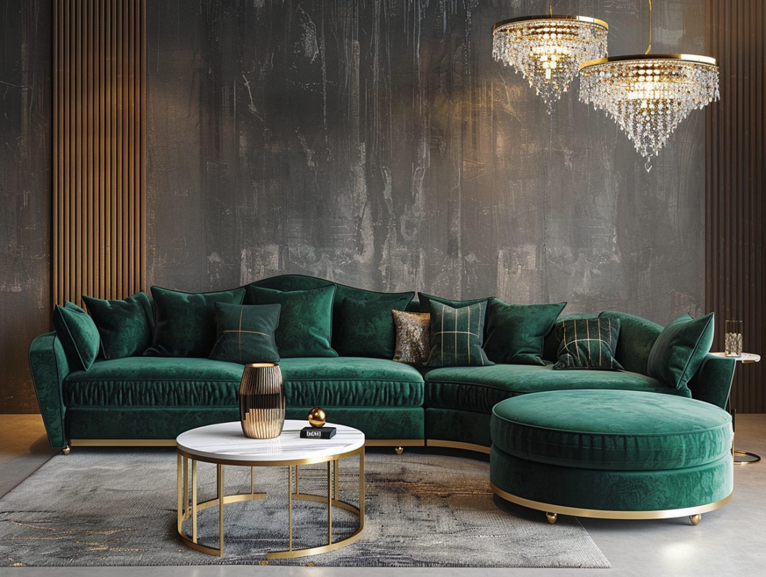 Zielona welurowa sofa modułowa z okrągłym stolikiem w salonie glamour