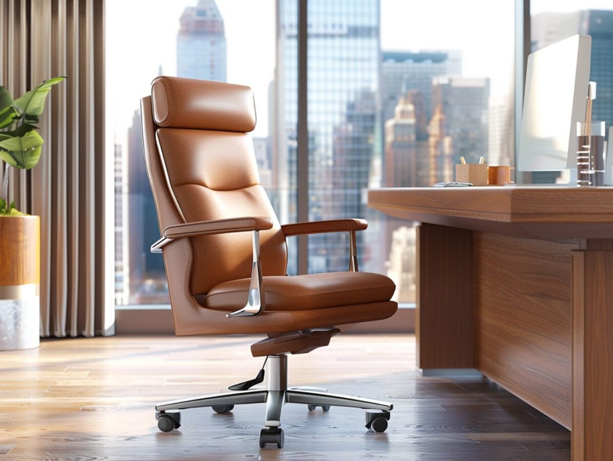 Brązowy fotel biurowy skórzany z podłokietnikami w nowoczesnym biurze