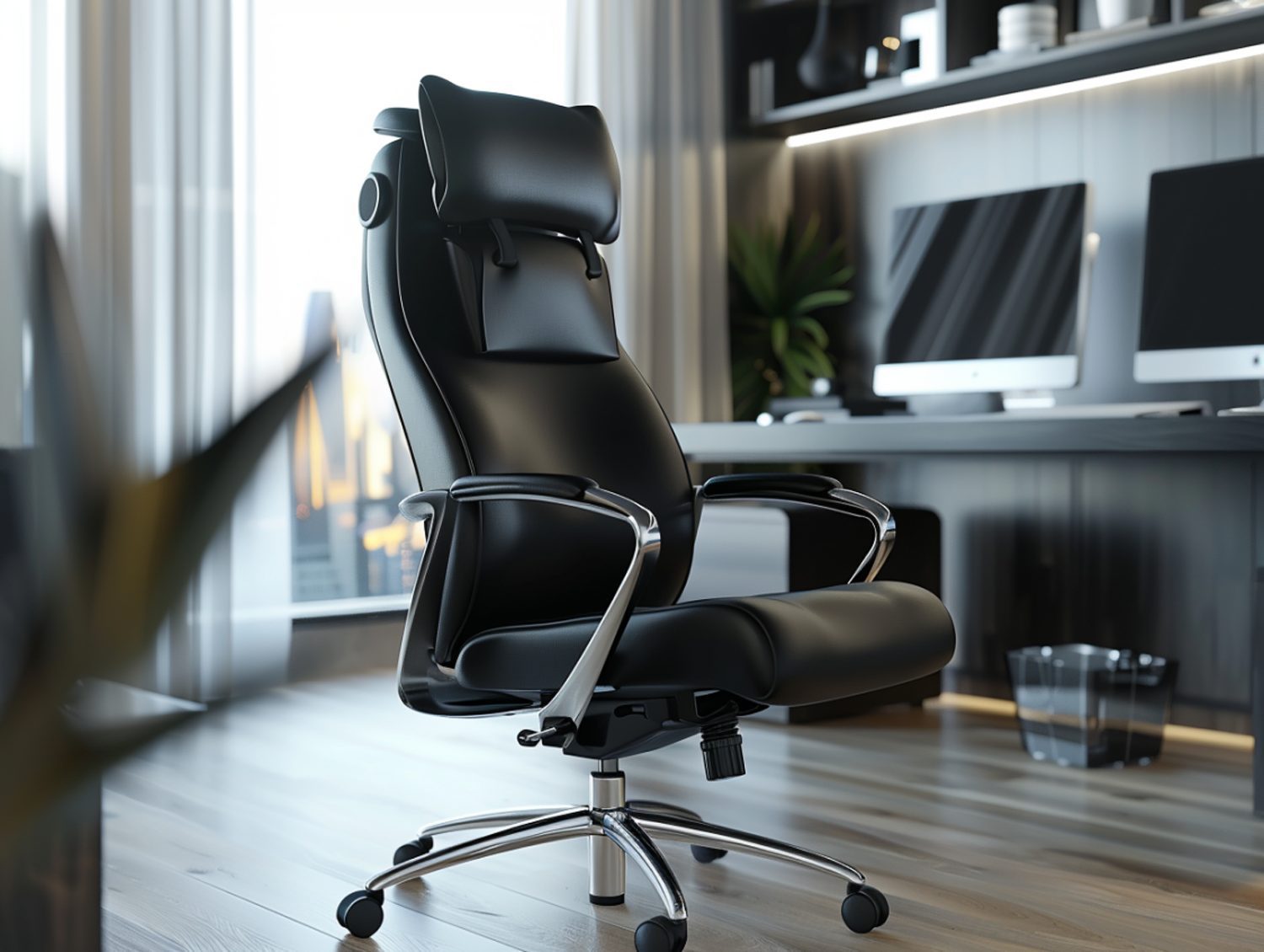 Nowoczesny czarny fotel biurowy w eleganckim gabinecie