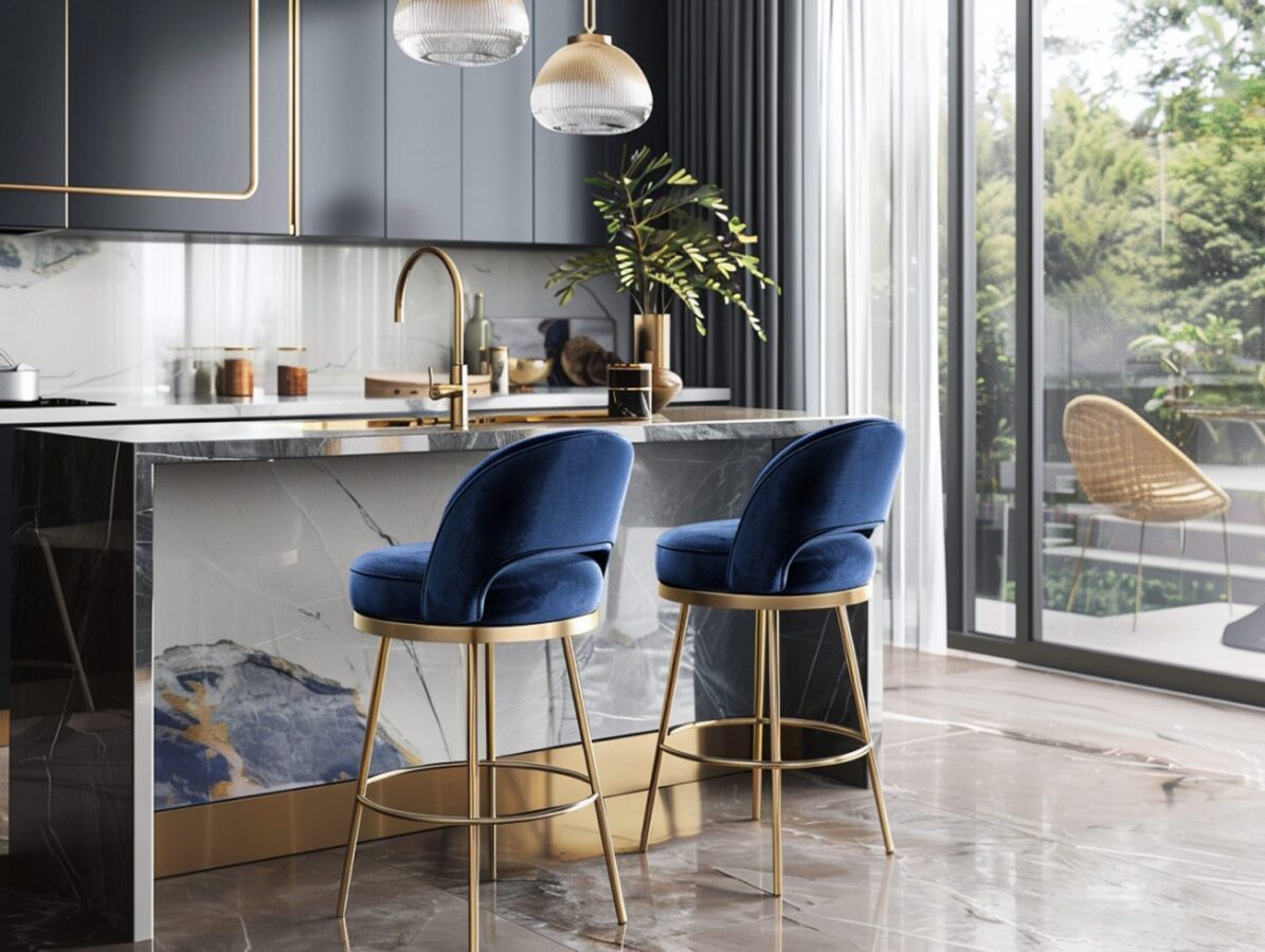 Kuchnia z wyspą i granatowymi hokerami w stylu glamour
