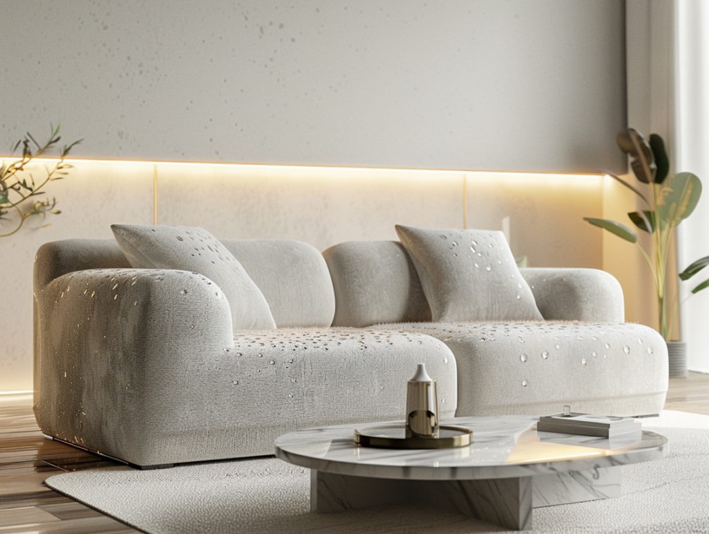 Jasna sofa z zaokrąglonymi kształtami w nowoczesnym salonie