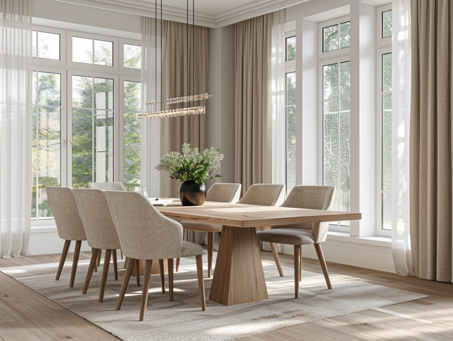 Jadalnia z jasnym stołem dębowym i tapicerowanymi krzesłami