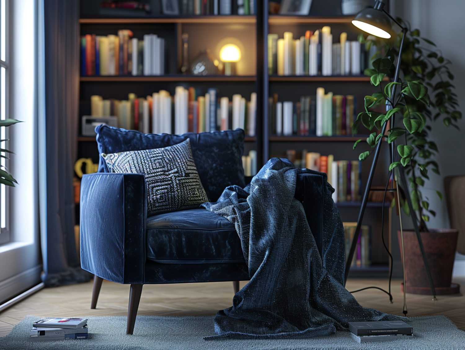 Fotel z granatowego weluru przy regale z książkami
