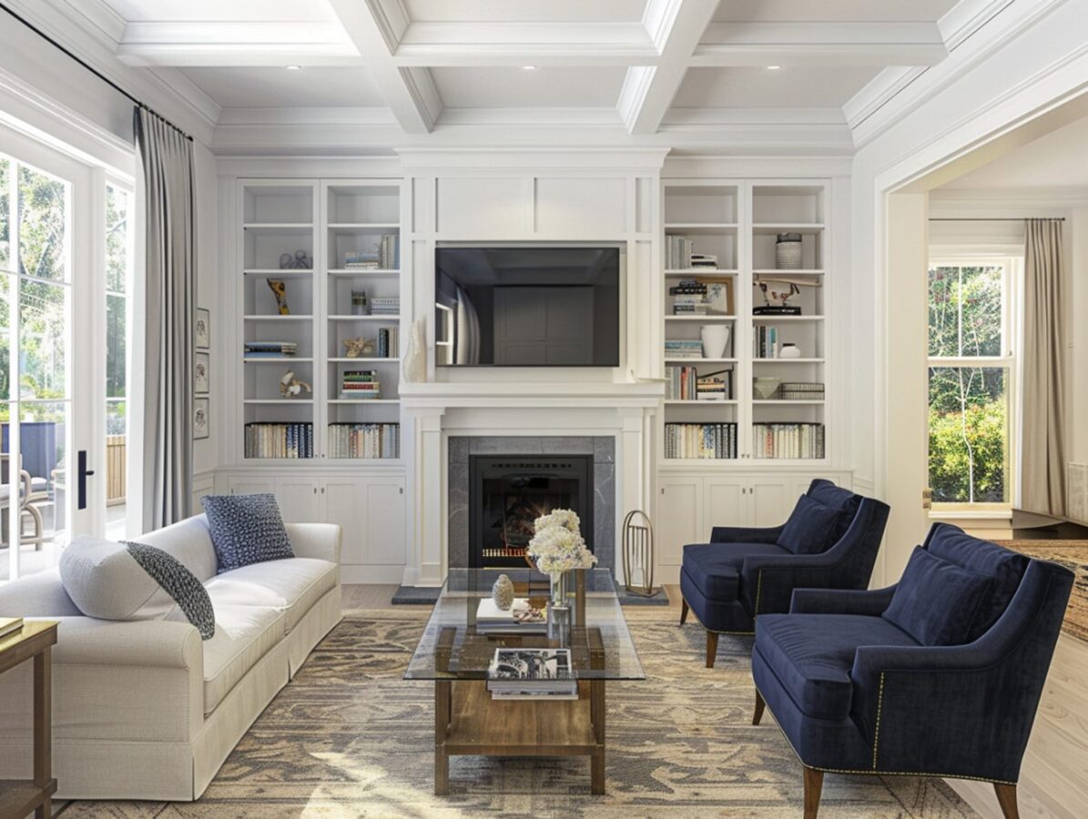 Elegancki salon z kominkiem i niebieskimi fotelami