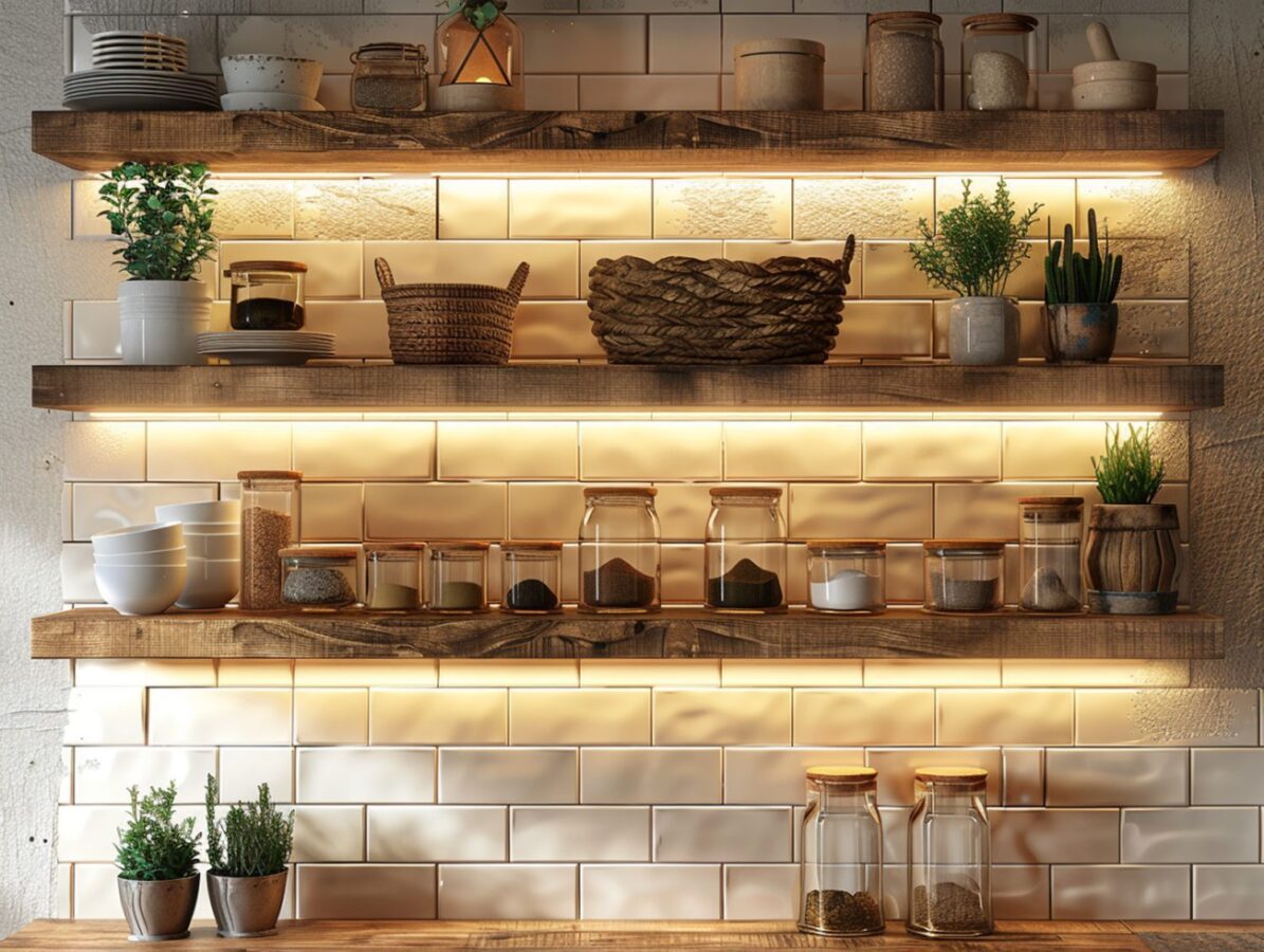 Drewniane półki z podświetleniem LED w kuchni w stylu rustykalnym