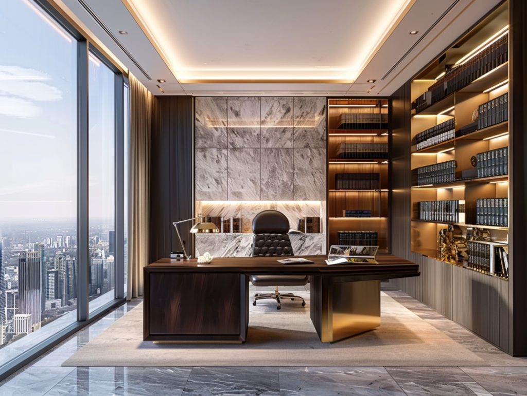 Luksusowy gabinet z drewnianym biurkiem i podświetlanymi regałami