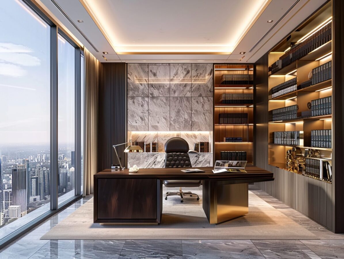Luksusowy gabinet z drewnianym biurkiem i podświetlanymi regałami