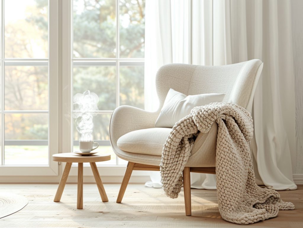 Fotel wypoczynkowy i pufa w stylu skandynawskim przy jasnym oknie