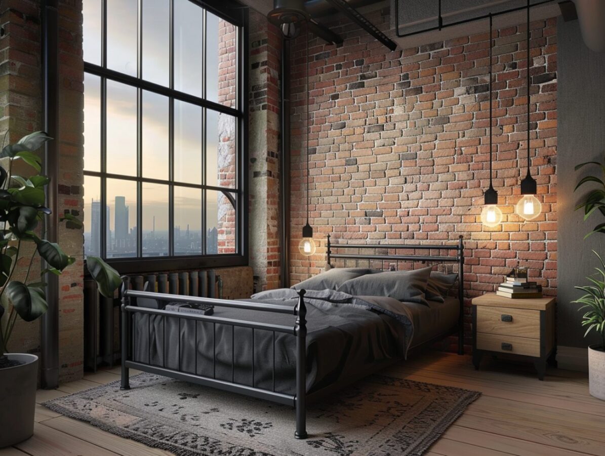 Czarna metalowa rama łóżka w loftowej sypialni z ceglanym murem