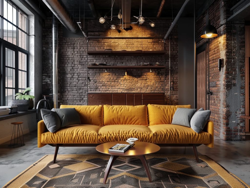 Żółta sofa welurowa i stolik z drewna w salonie loftowym