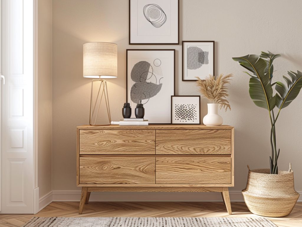 Drewniana komoda z trzema szufladami w minimalistycznym wnętrzu