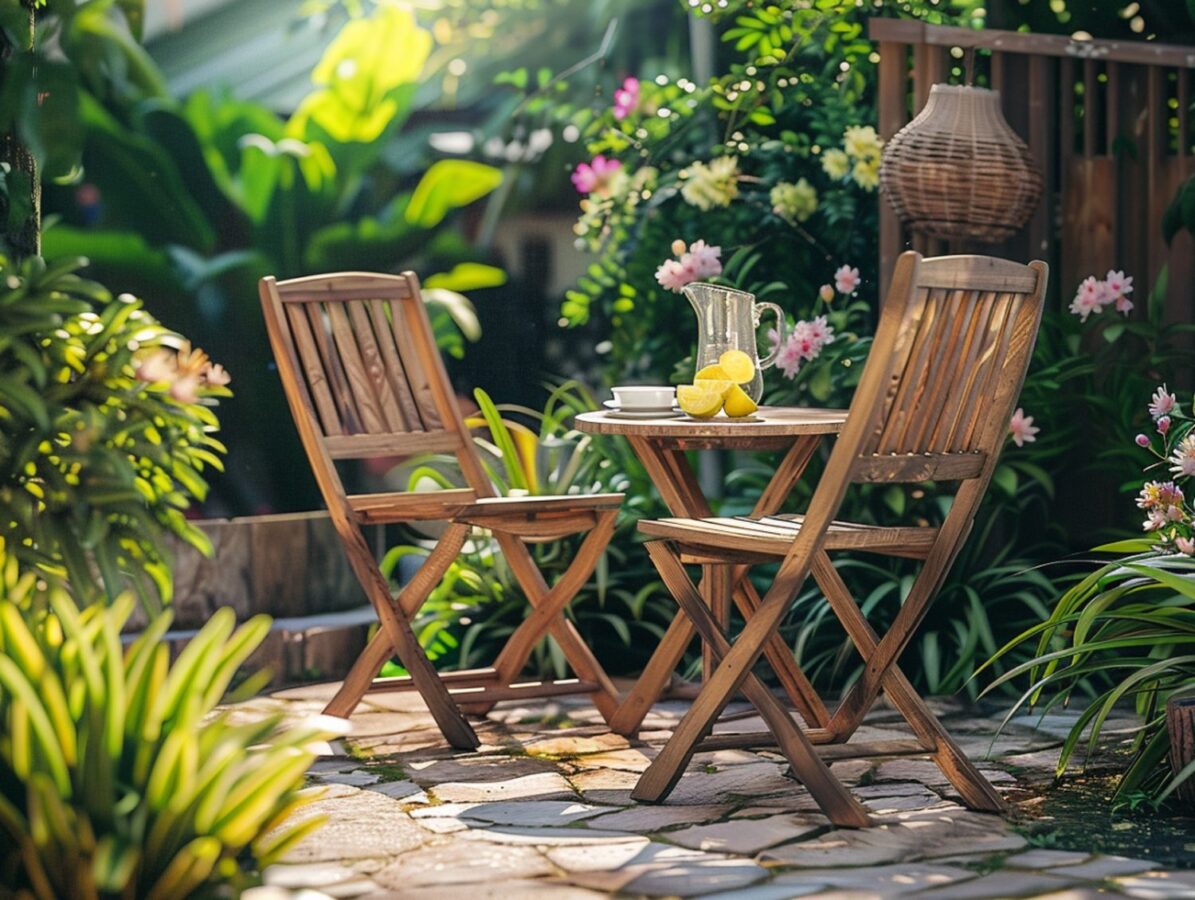 Drewniany zestaw ogrodowy z krzesłami w romantycznym ogrodzie