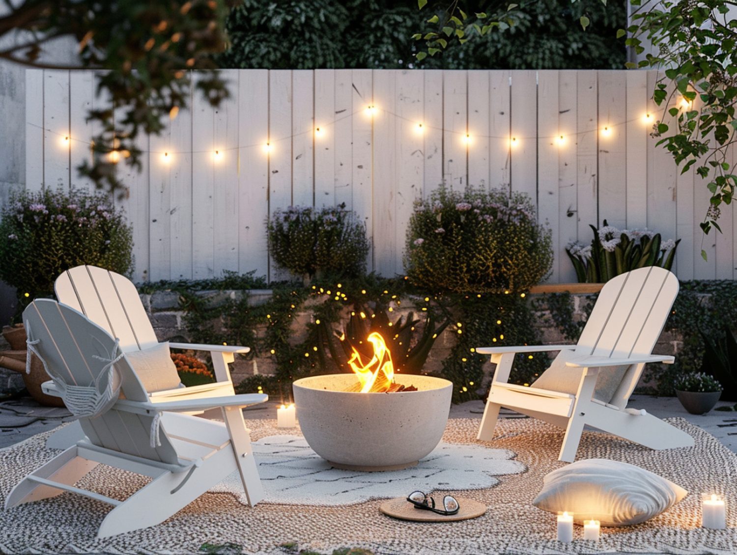 Meble ogrodowe z białymi krzesłami i paleniskiem w strefie relaksu