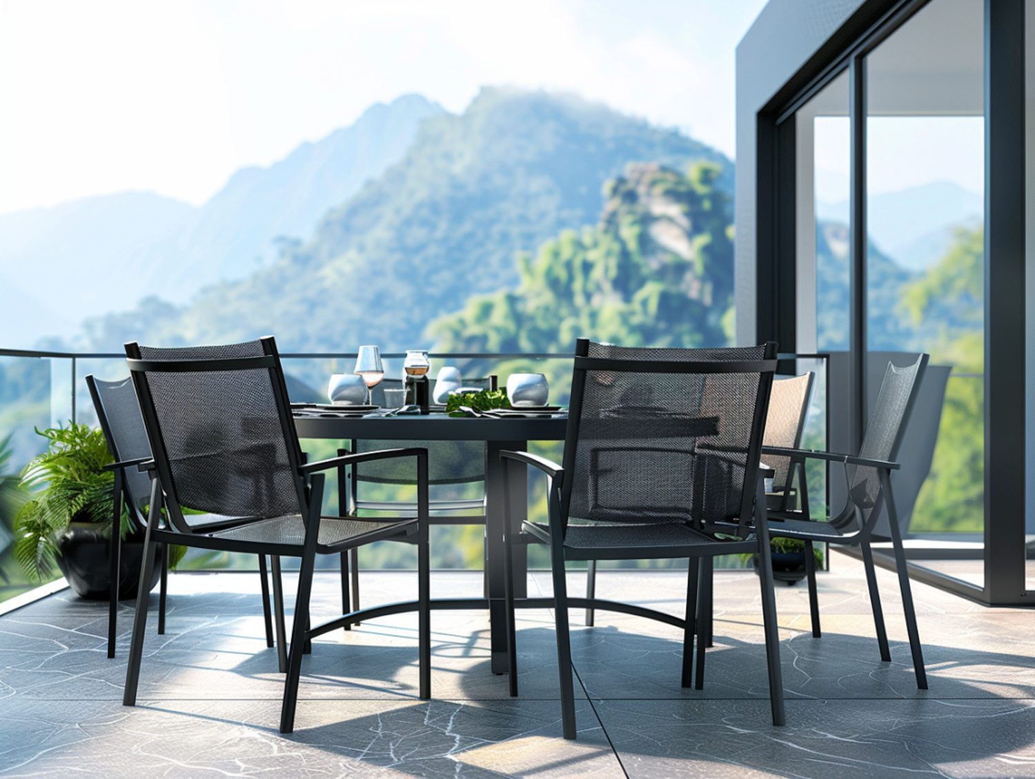 Ogród z zestawem tarasowym i stołem ze szkła