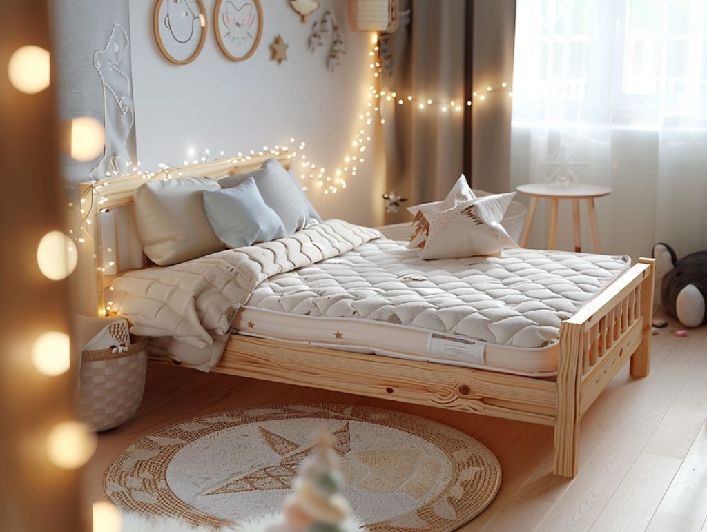 Drewniane łóżko dziecięce z jasną pościelą i girlandą świetlną