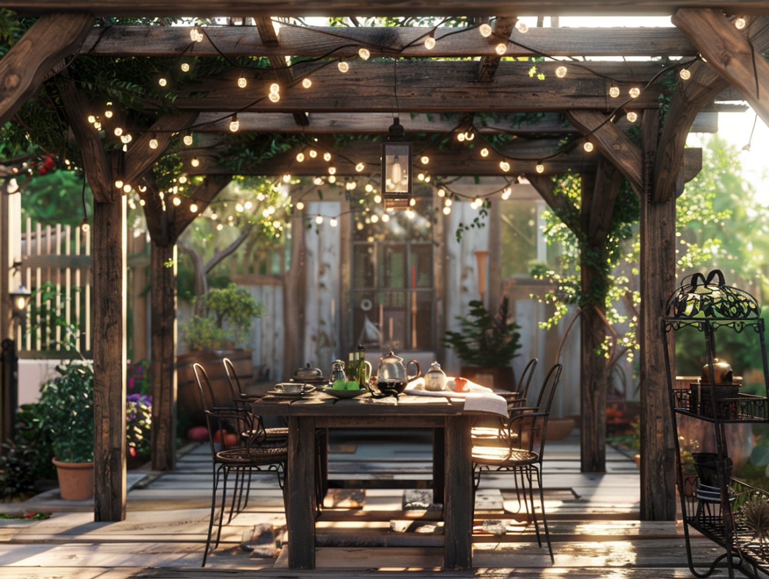 Zadaszona pergola z dużym drewnianym stołem w rustykalnym ogrodzie