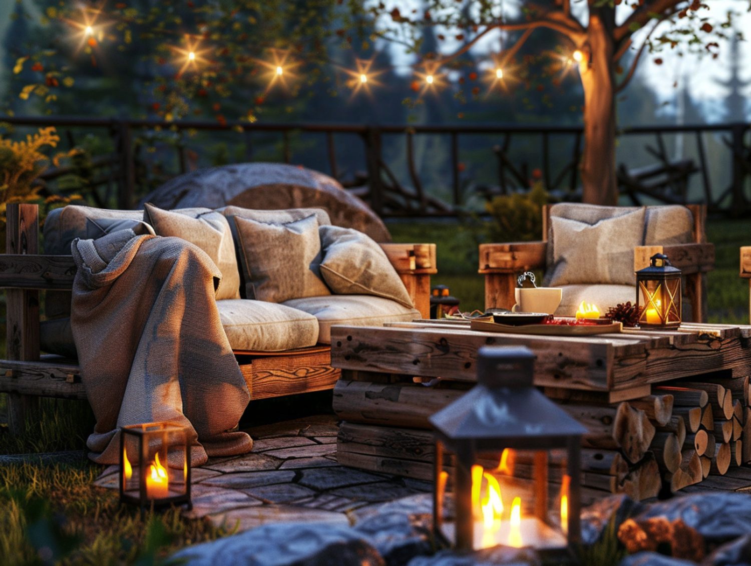 Strefa relaksu z sofą z palet i girlandami w ogrodzie boho