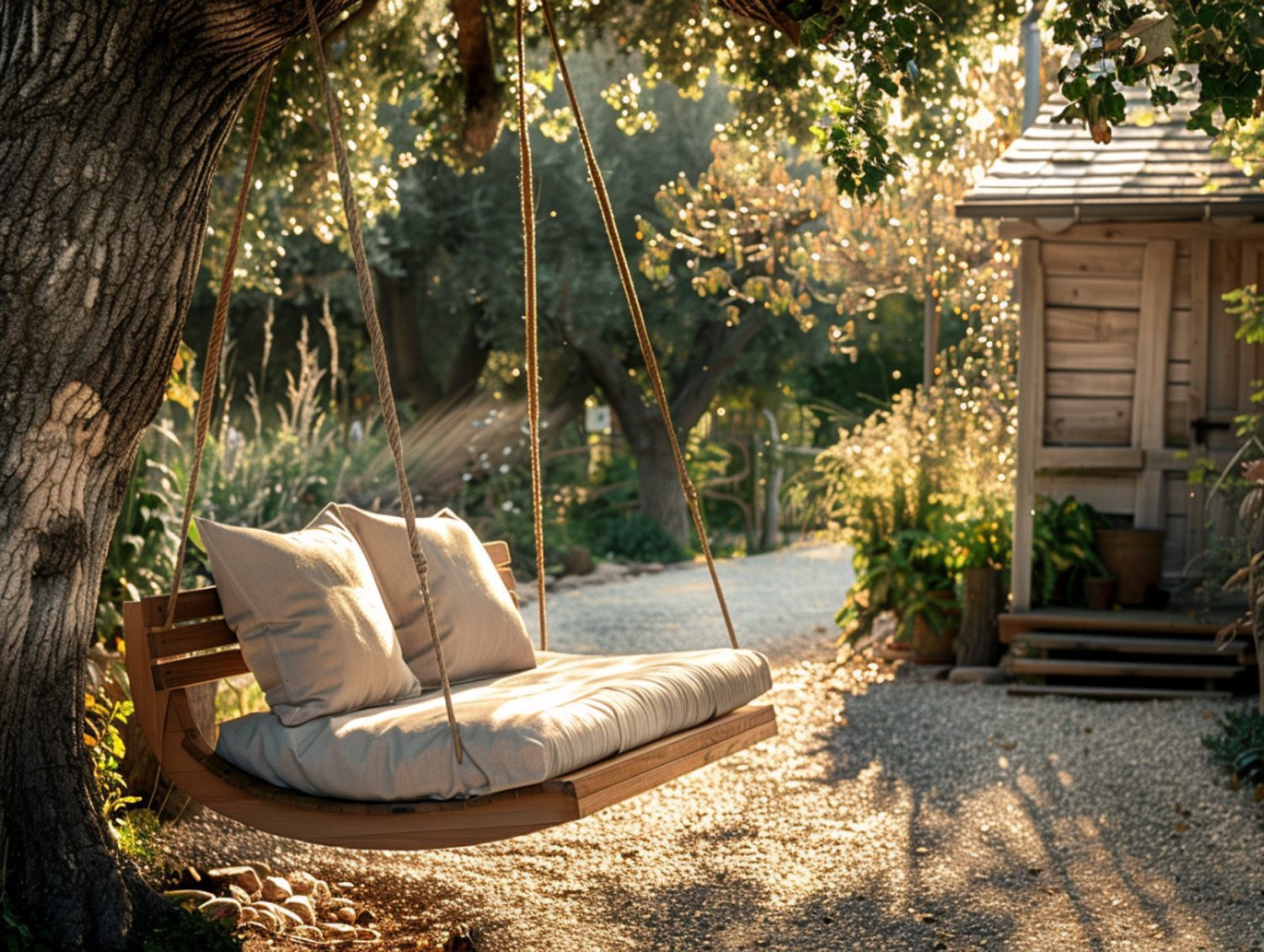Ogrodowy fotel wiszący na stelażu w stylu boho pod drzewami