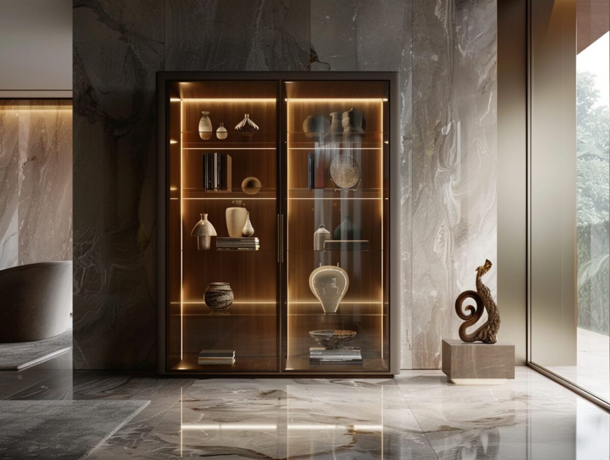 Przeszklona witryna z drewna z podświetleniem LED w eleganckim wnętrzu