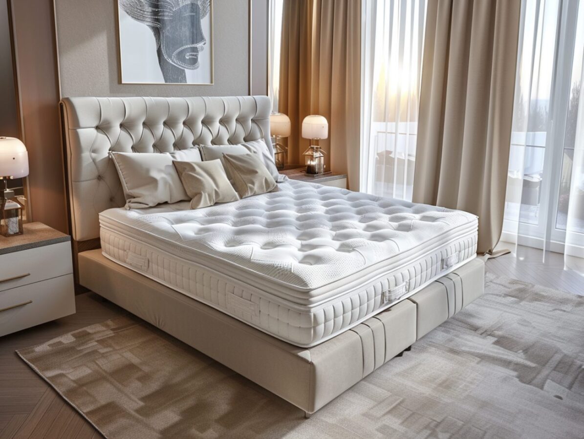 Kontynentalne łóżko pikowane w eleganckiej sypialni z zasłonami