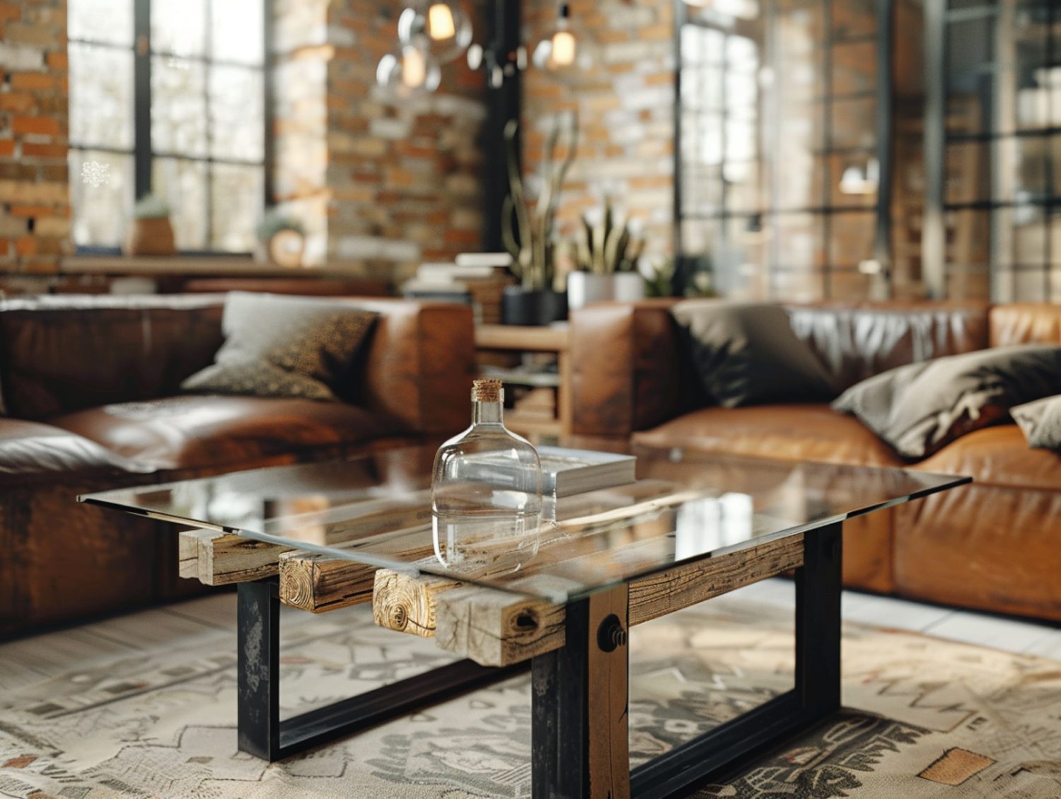 Dębowy stolik kawowy z żywicą w industrialnym salonie