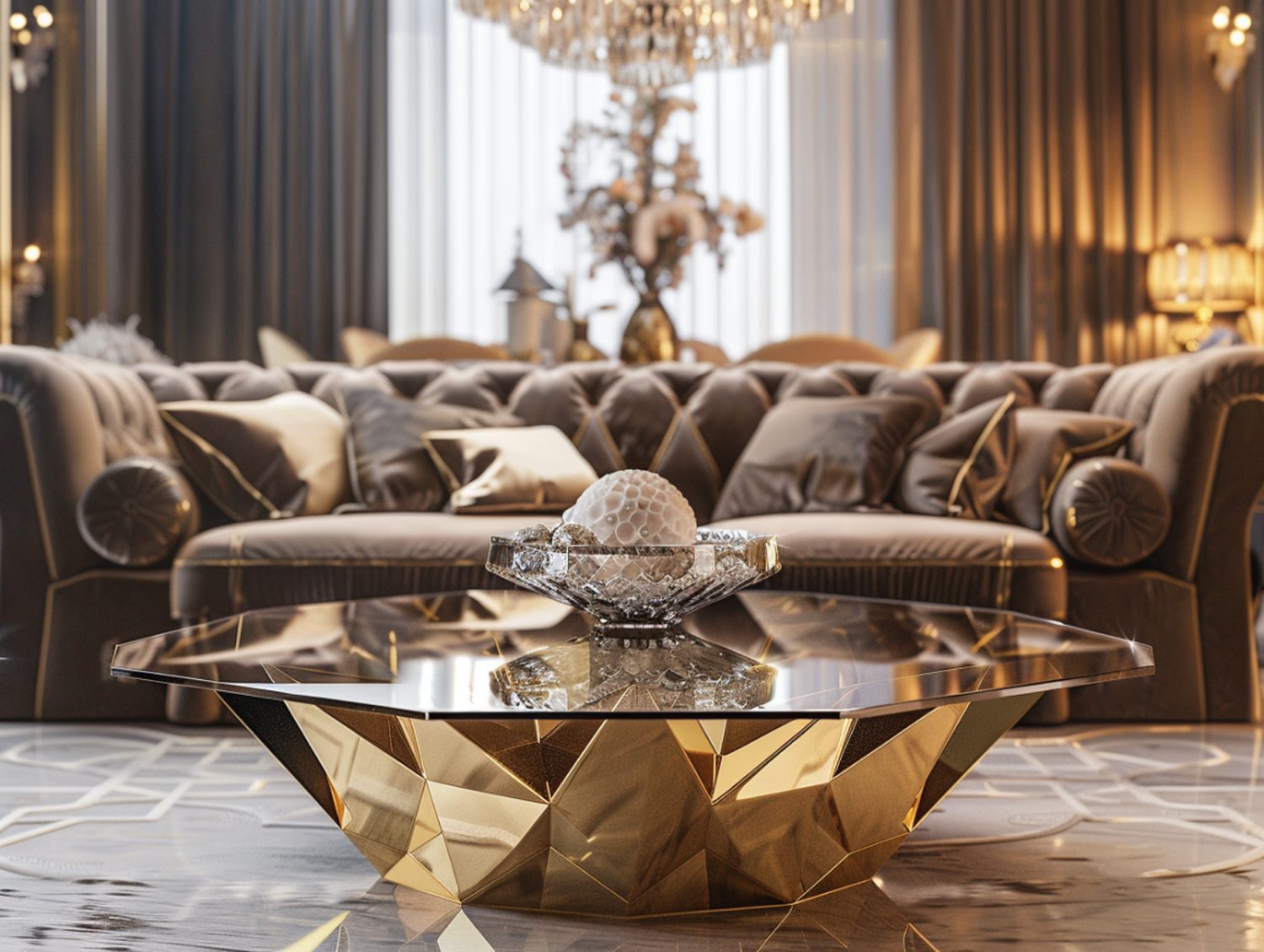 Salon glamour z dużą sofą i złotym okrągłym stolikiem