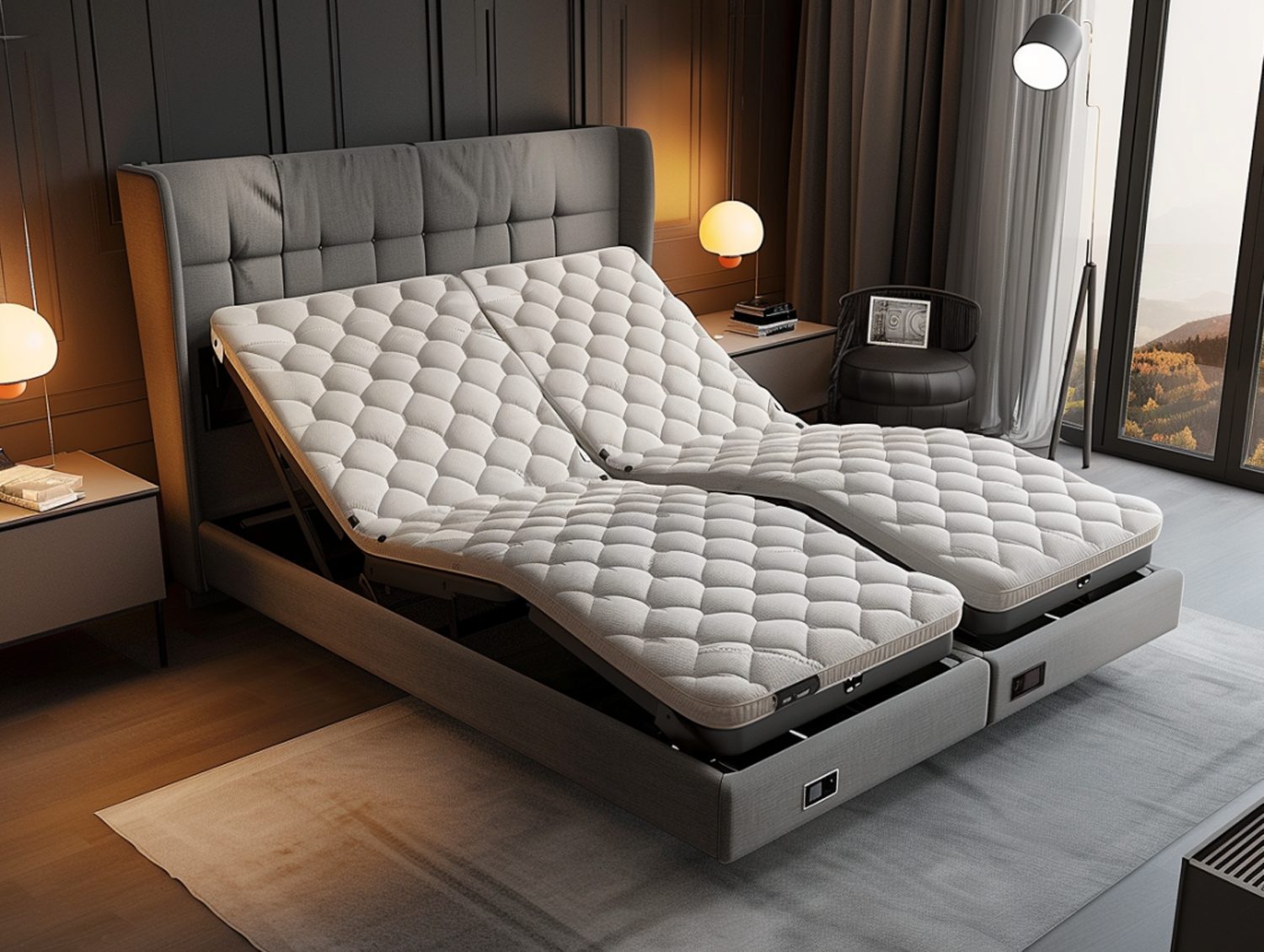 Tapicerowane łóżko z regulacją i materacem w nowoczesnej sypialni