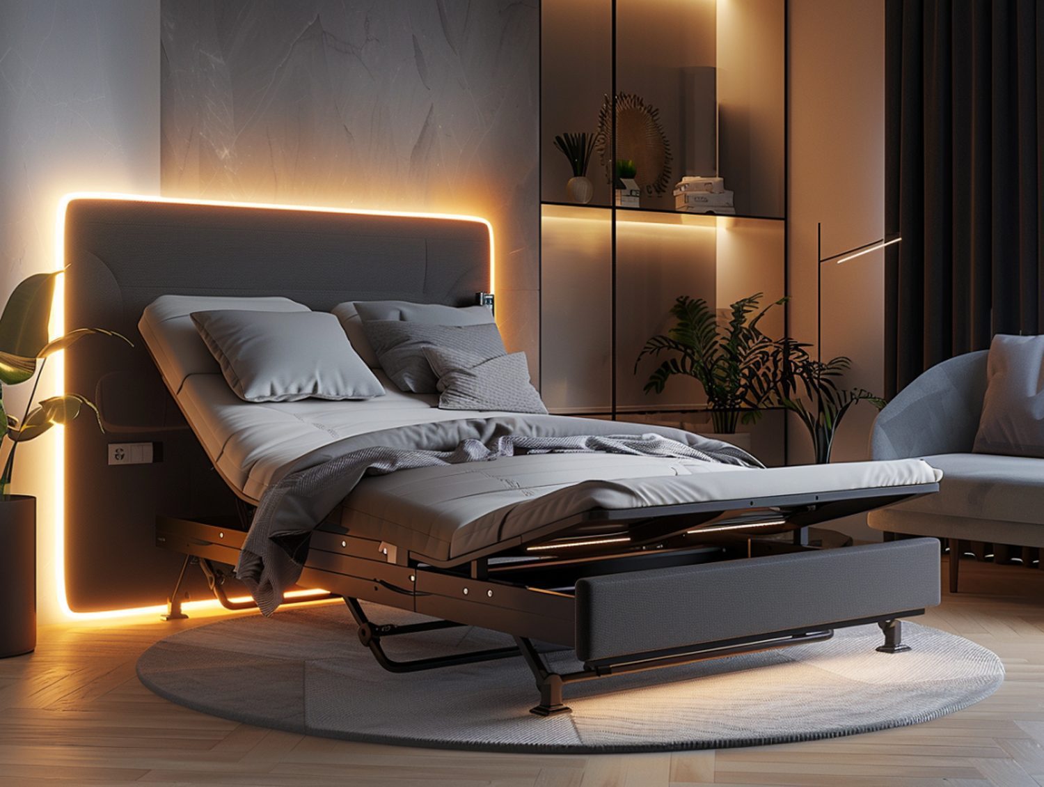 Nowoczesne łóżko z podświetleniem LED i tapicerowanym zagłówkiem