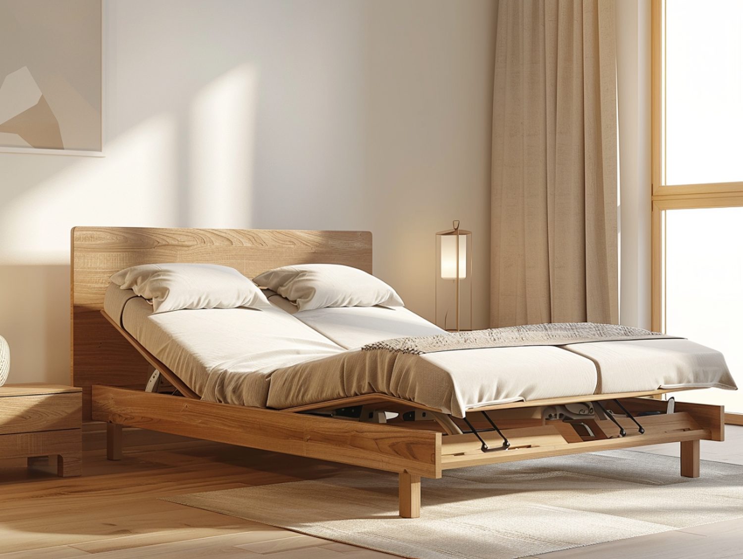 Dwuosobowe łóżko z drewna z regulacją w skandynawskim wnętrzu