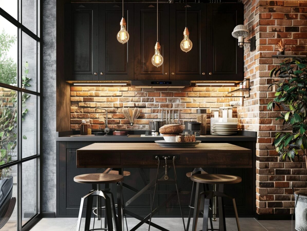 Czarna kuchnia z drewnianym blatem i industrialnymi hokerami