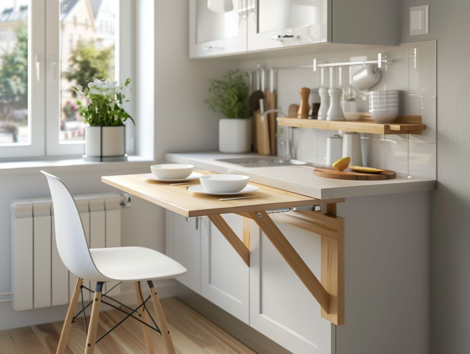 Składany stół kuchenny w stylu skandynawskim w małej kuchni