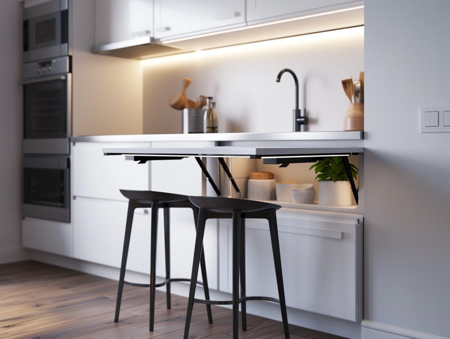 Mały biały stolik kuchenny z czarnymi hokerami i półkami