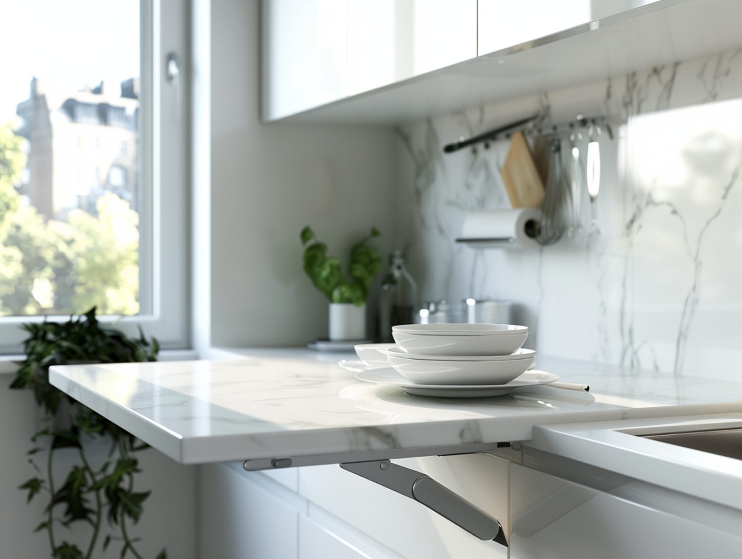 Kuchenny blat marmurowy z białą zastawą w nowoczesnej kuchni