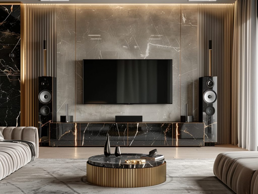 Nowoczesna szafka RTV z podświetleniem i betonową ścianą