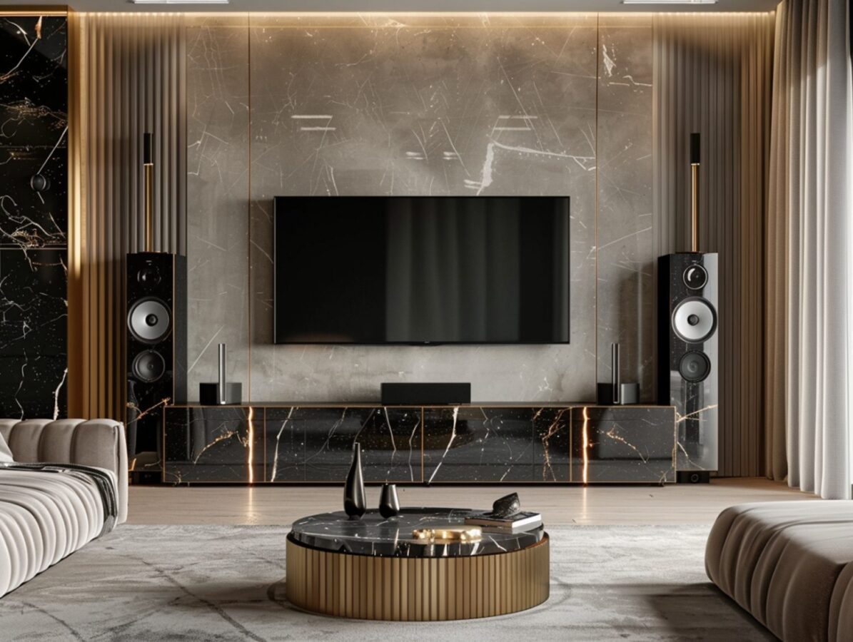 Nowoczesna szafka RTV z podświetleniem i betonową ścianą