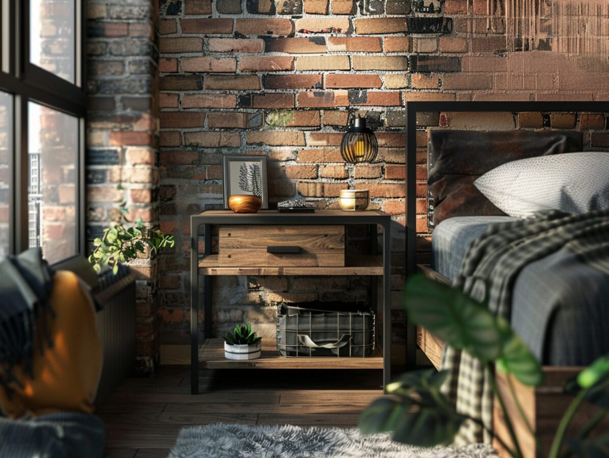 Drewniana szafka nocna i łóżko w sypialni loftowej z ceglanym murem