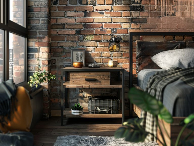 Drewniana szafka nocna i łóżko w sypialni loftowej z ceglanym murem