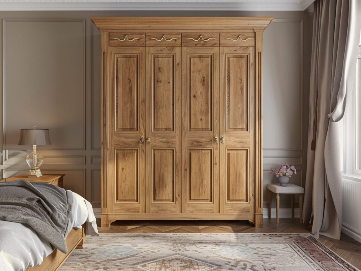 Drewniana szafa czterodrzwiowa z rzeźbieniami w klasycznym stylu